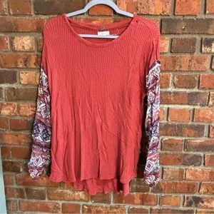 Cupio womens waffle knit mixed media sleeve top orange large